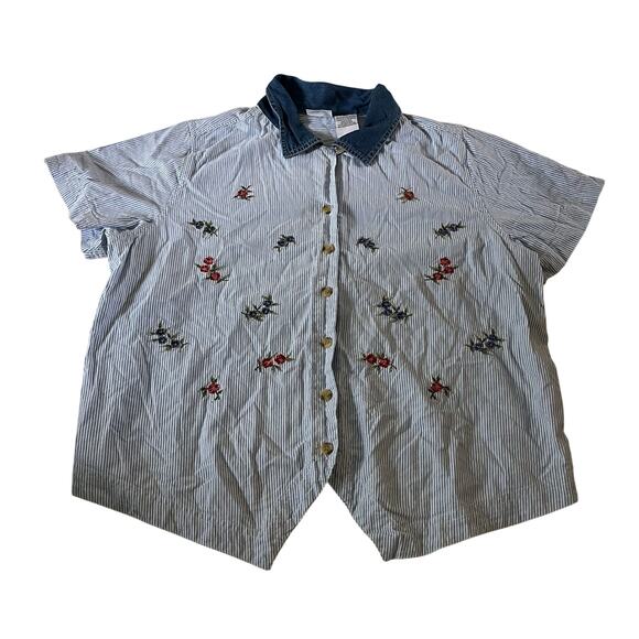 Vtg Y2K 2000s Blue Pinstripe Floral Embroidered Cottagecore Top Plus Sz 18W - Picture 1 of 7